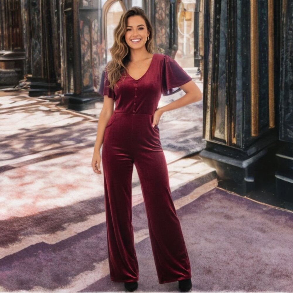 Unique Vintage Merlot Velvet Jumpsuit Pants Maxi Dress Short Sleeve Wide Leg NWT